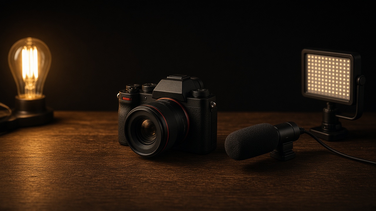 One camera, one lens, a microphone, and a single light on a wood table