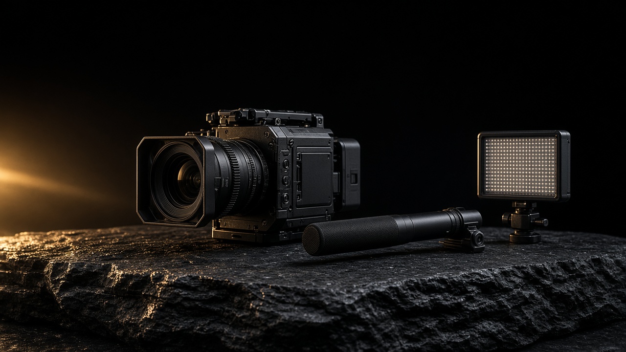 A cinema camera, a microphone, and a light