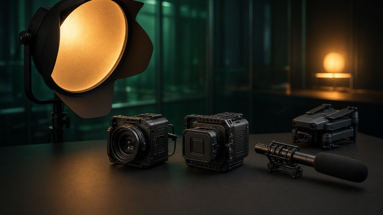 Two cinema cameras, a large gold light, a microphone, and a folded drone