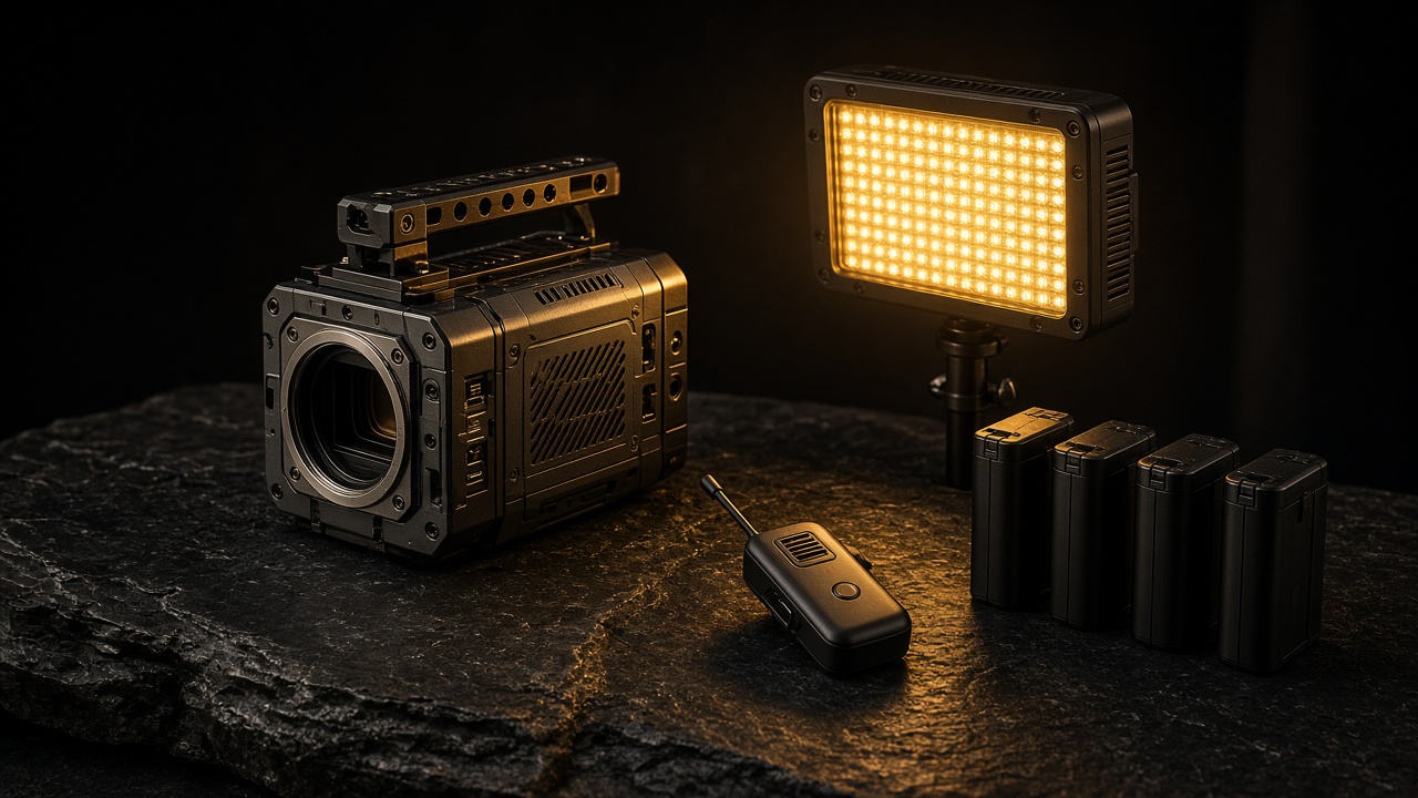 A cinema camera, a gold light, a wireless mic, and a row of batteries
