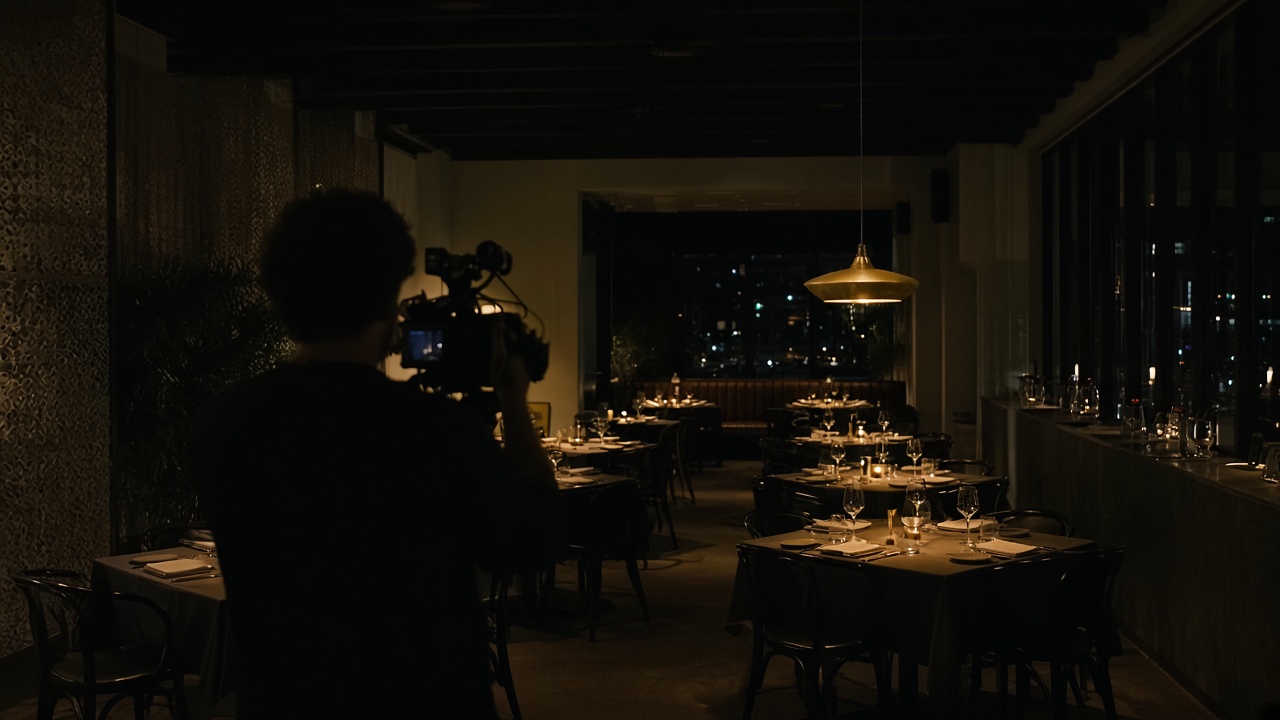 A videographer filming a restaurant at night