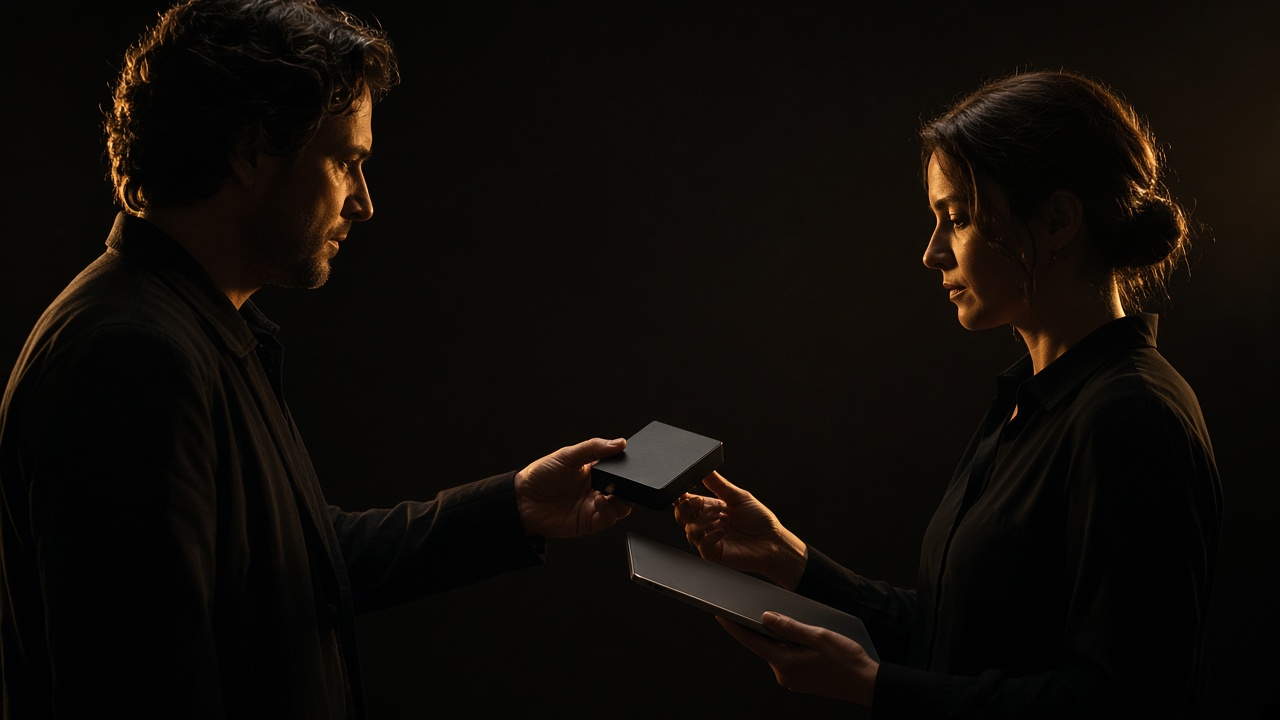 A videographer handing a drive to a client