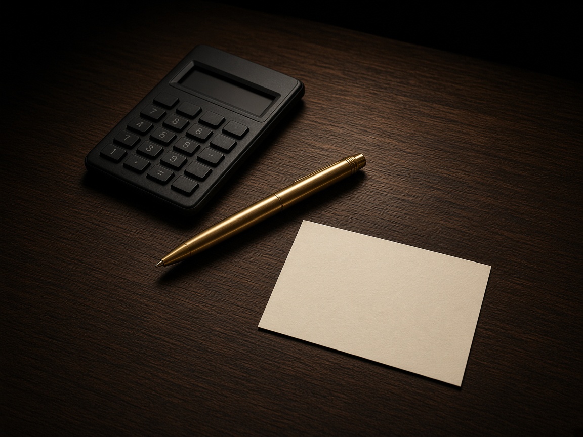 A calculator and a gold pen on a dark desk
