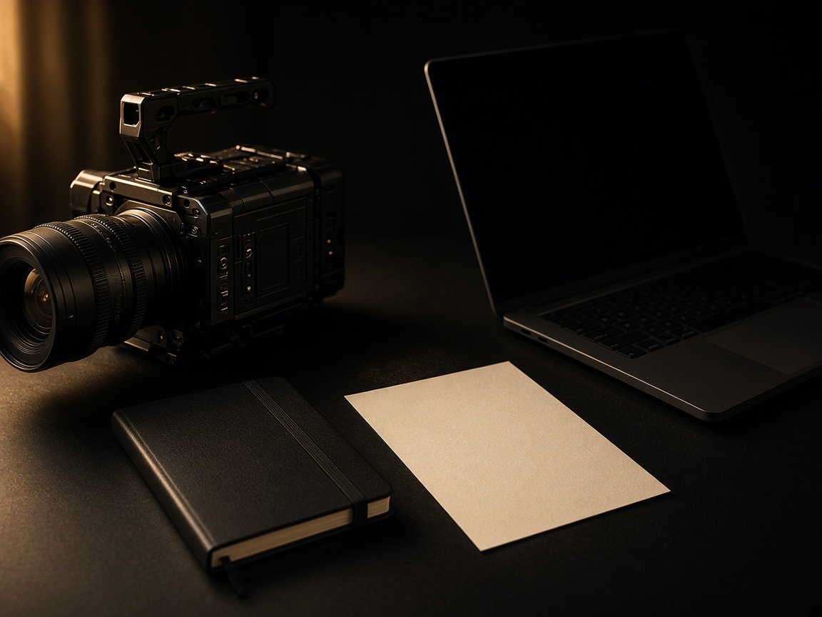 A cinema camera, a notebook, and a laptop