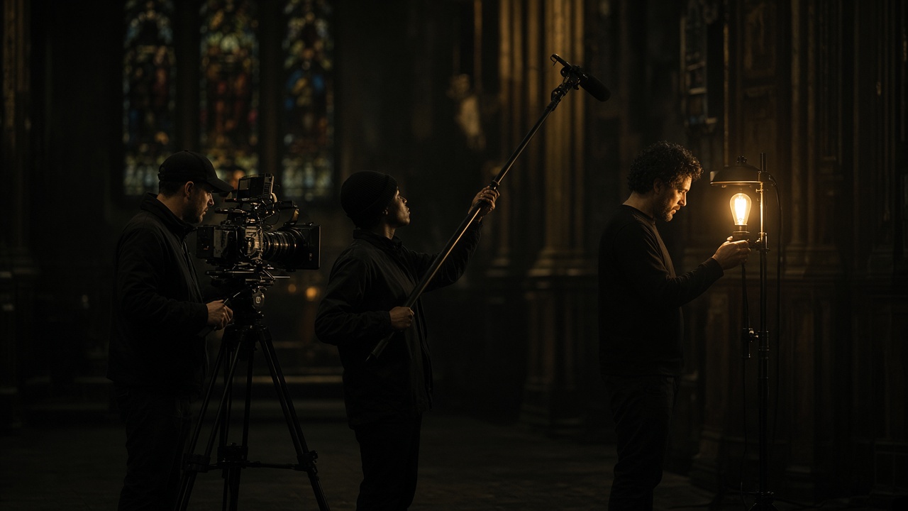 A film crew with a cinema camera, a boom, and one warm light inside a dim room