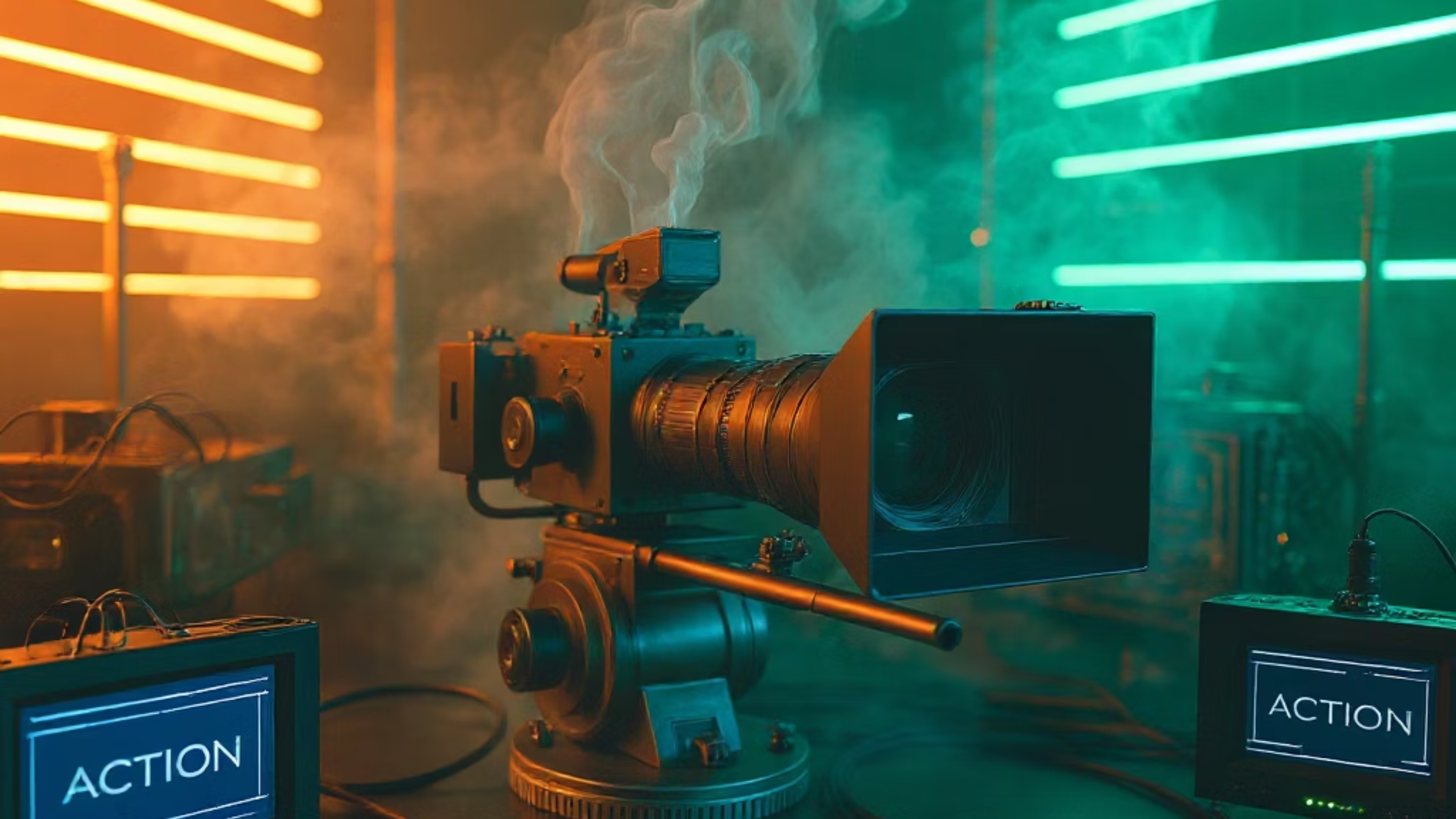 Cinematic production camera in a colorful studio environment