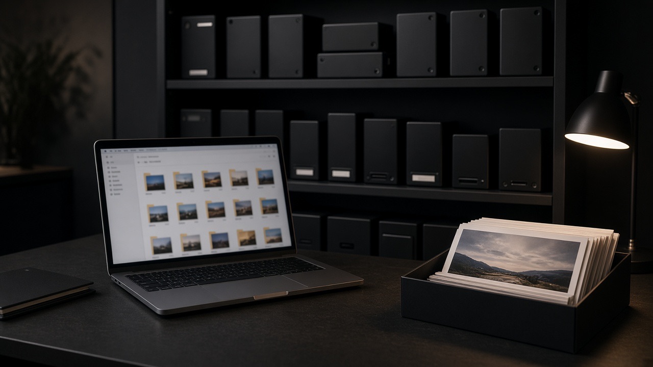 Organized hard drives and a laptop in a dark media archive