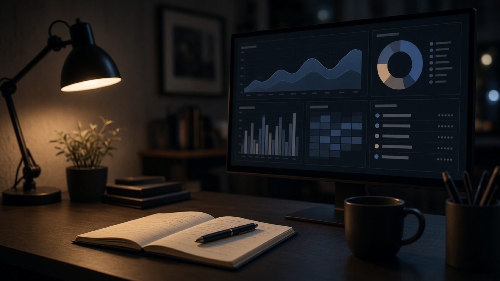 Studio monitor showing an operations dashboard in a dark room
