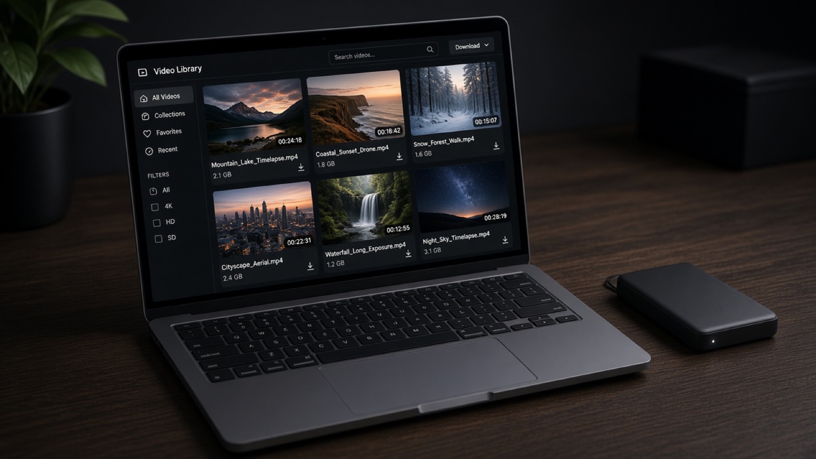 Laptop open to a dark library of client video files