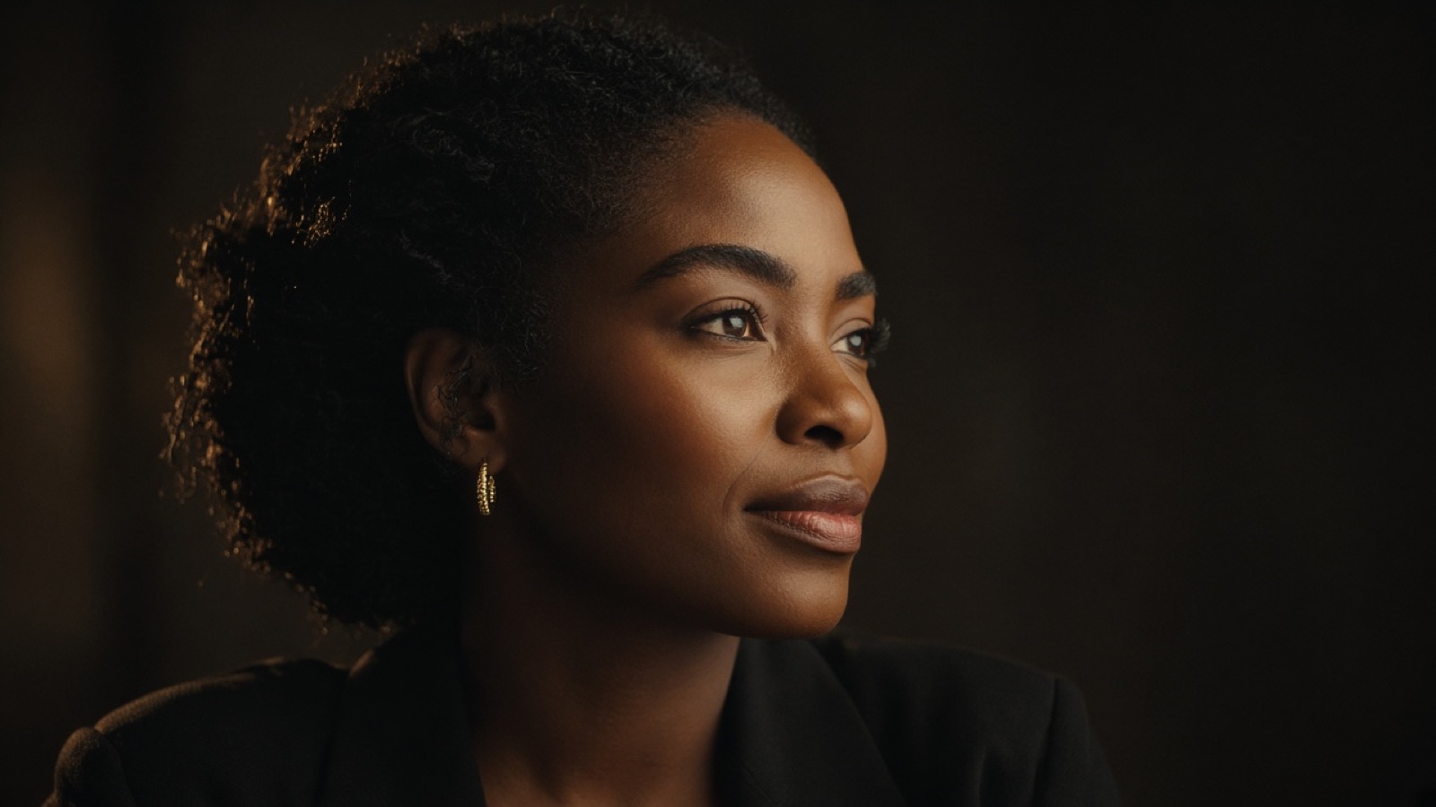 Cinematic portrait of a founder lit with a warm key light
