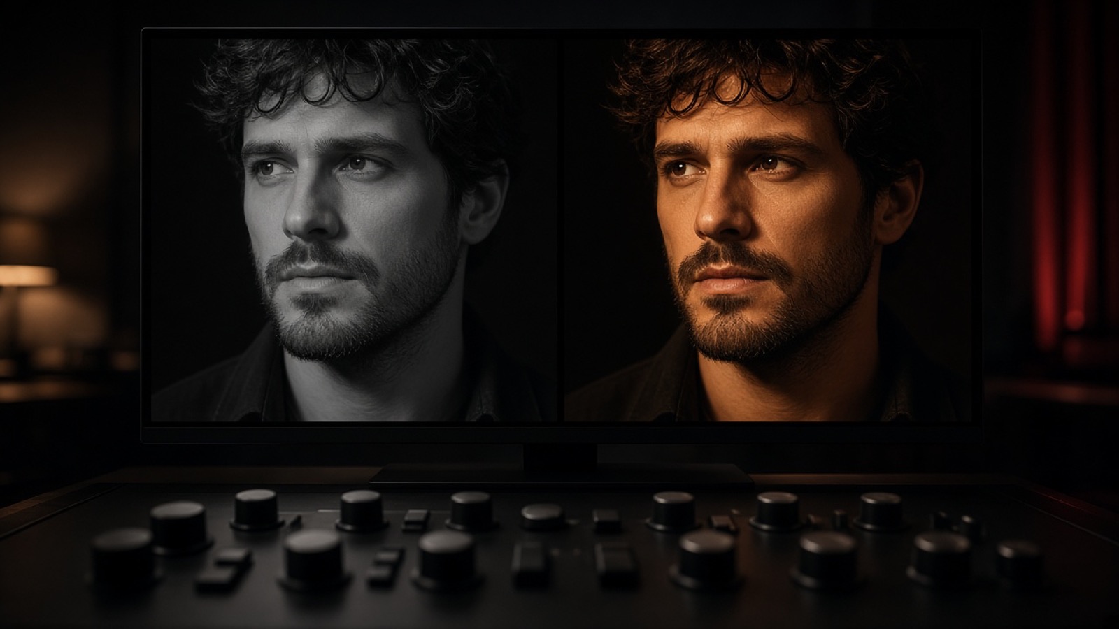 Color suite monitor comparing a flat portrait with a finished warm grade