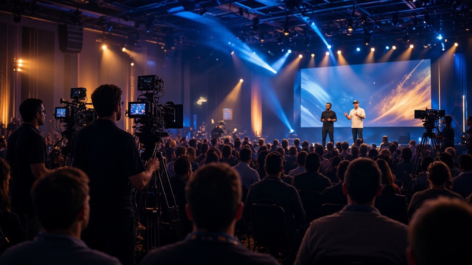 Keynote stage seen from the back of a full conference room