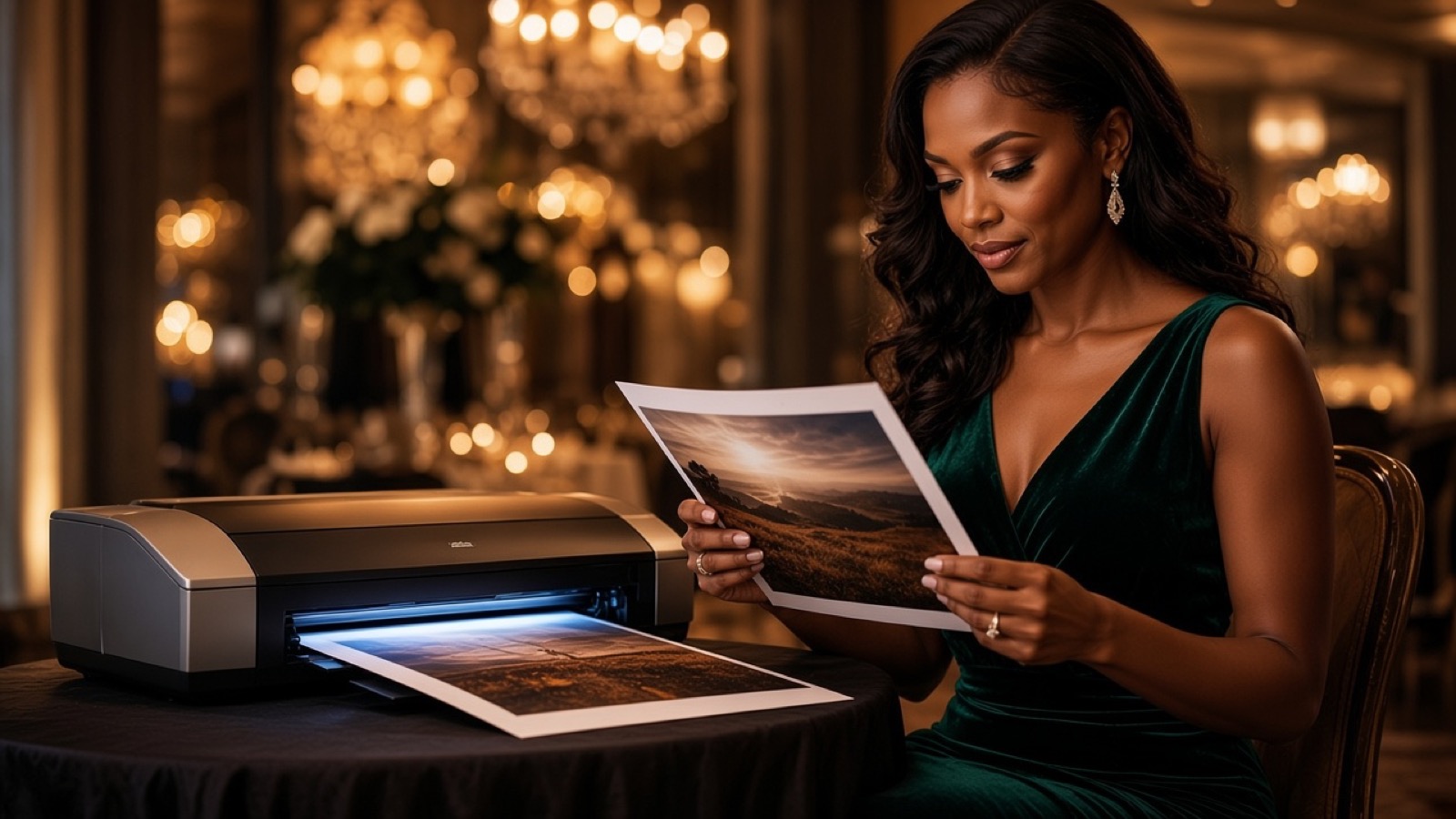 Guest holding a freshly printed photo at a dim evening event