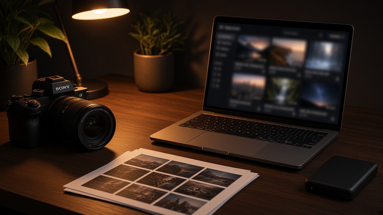 Cinema camera, laptop, and printed contact sheets on a walnut studio desk at night