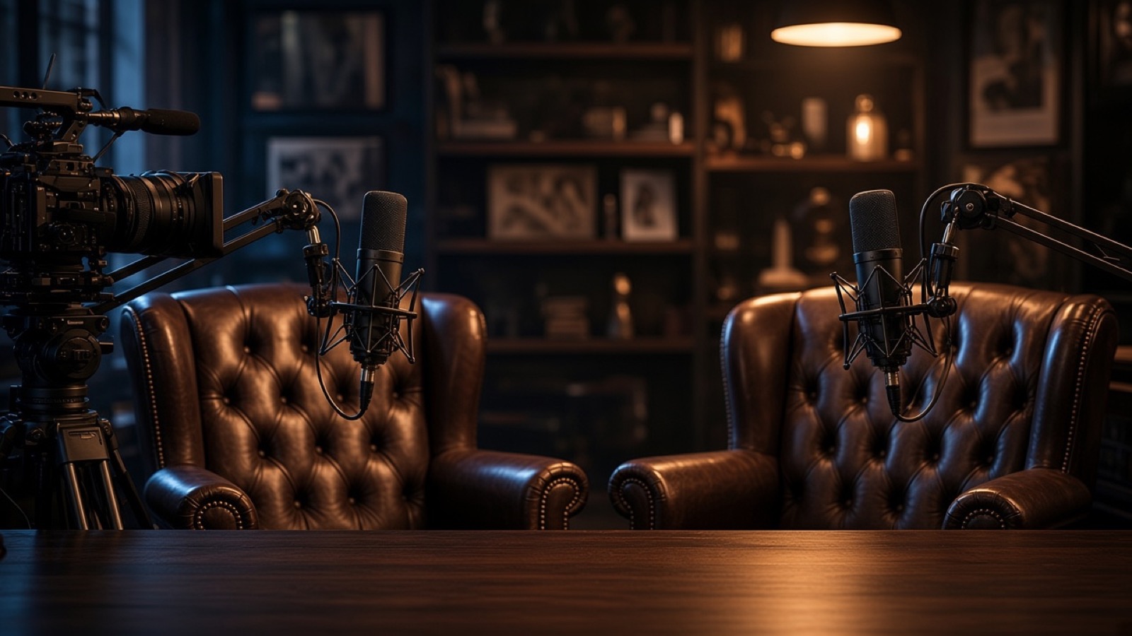 Podcast set with two chairs and broadcast microphones under warm light