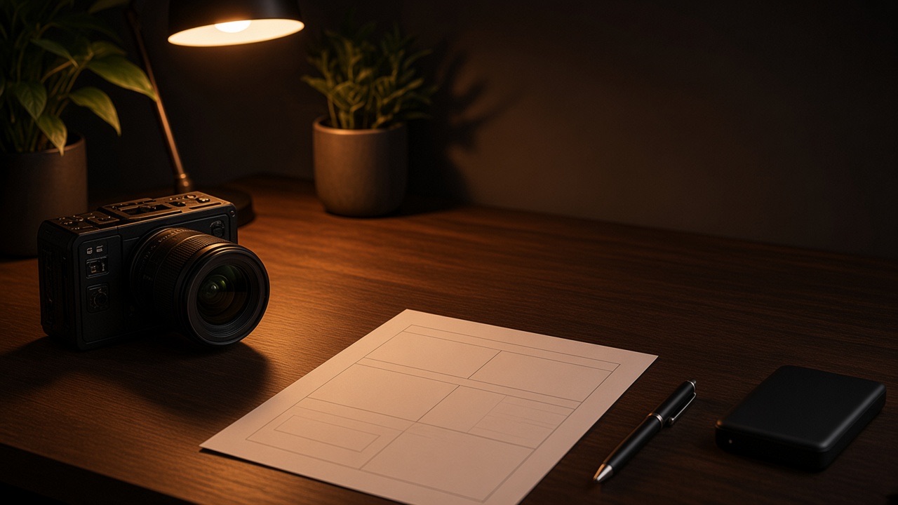 One-page production offer on a desk beside a camera and a pen