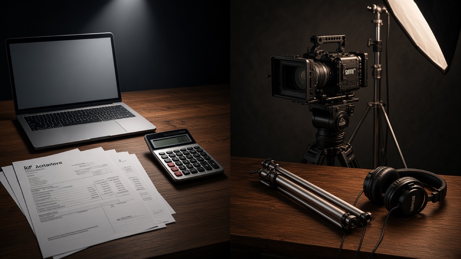 Overhead of a business desk beside a staged cinema camera kit