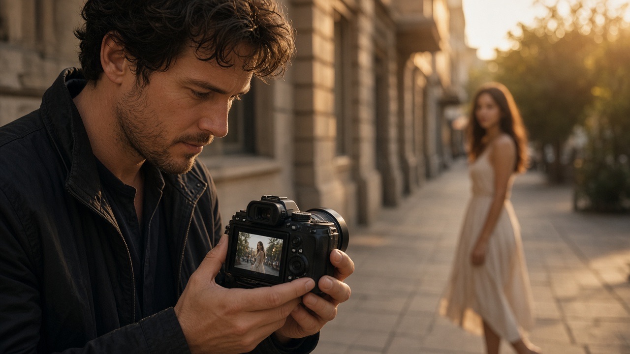 Photographer checking a frame on location in late-day light