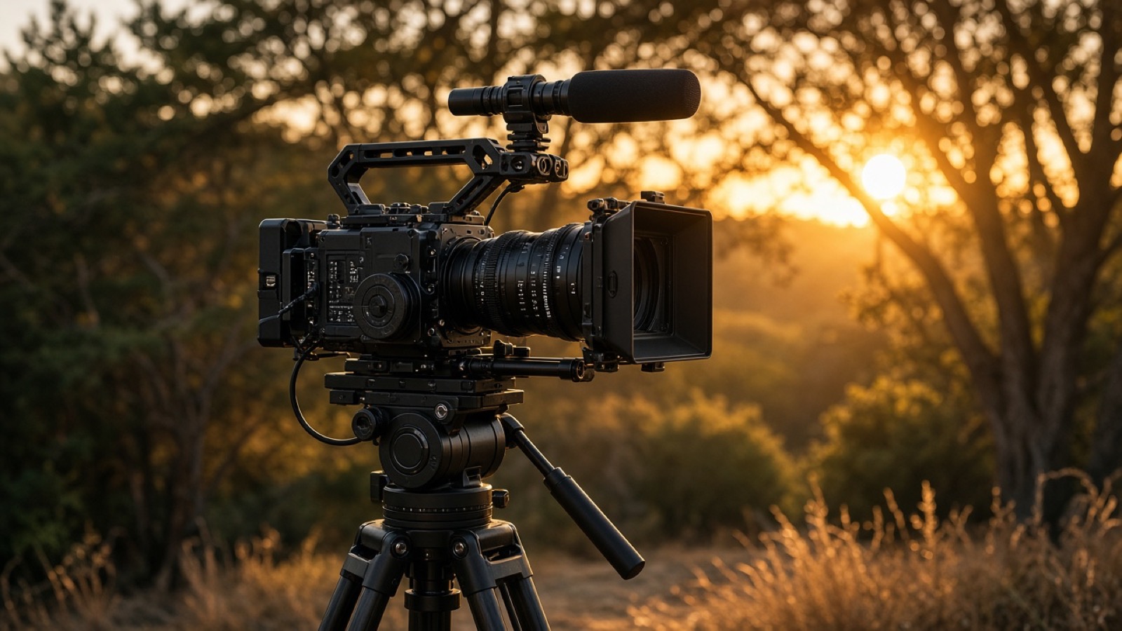 Rigged cinema camera on a tripod in warm outdoor light