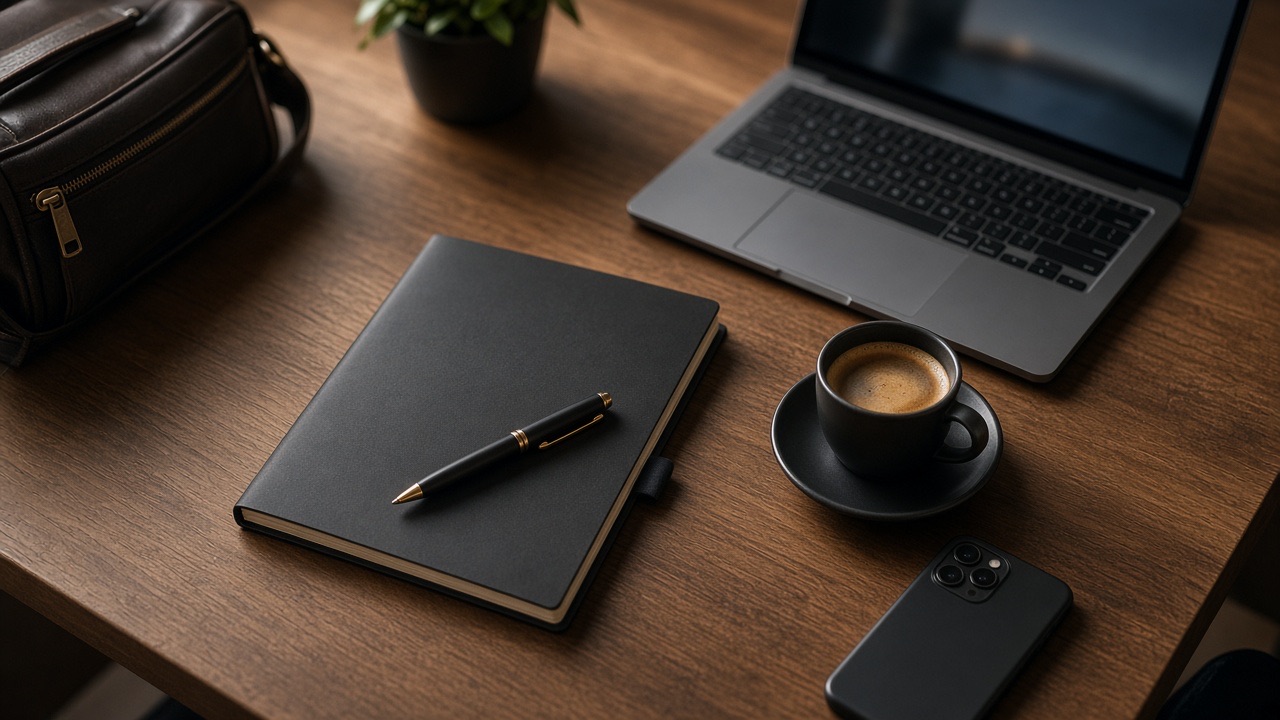 Creator desk with a laptop, a contract folder, and a camera bag