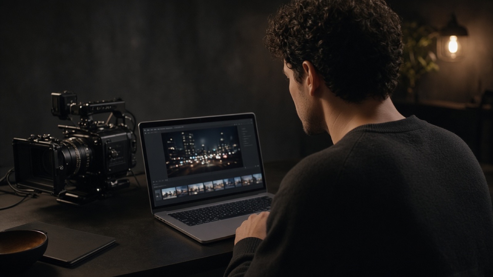 Creator reviewing footage on a laptop beside a cinema camera