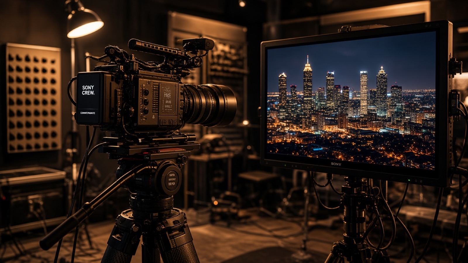 Cinema camera and reference monitor in a dark Atlanta studio at night